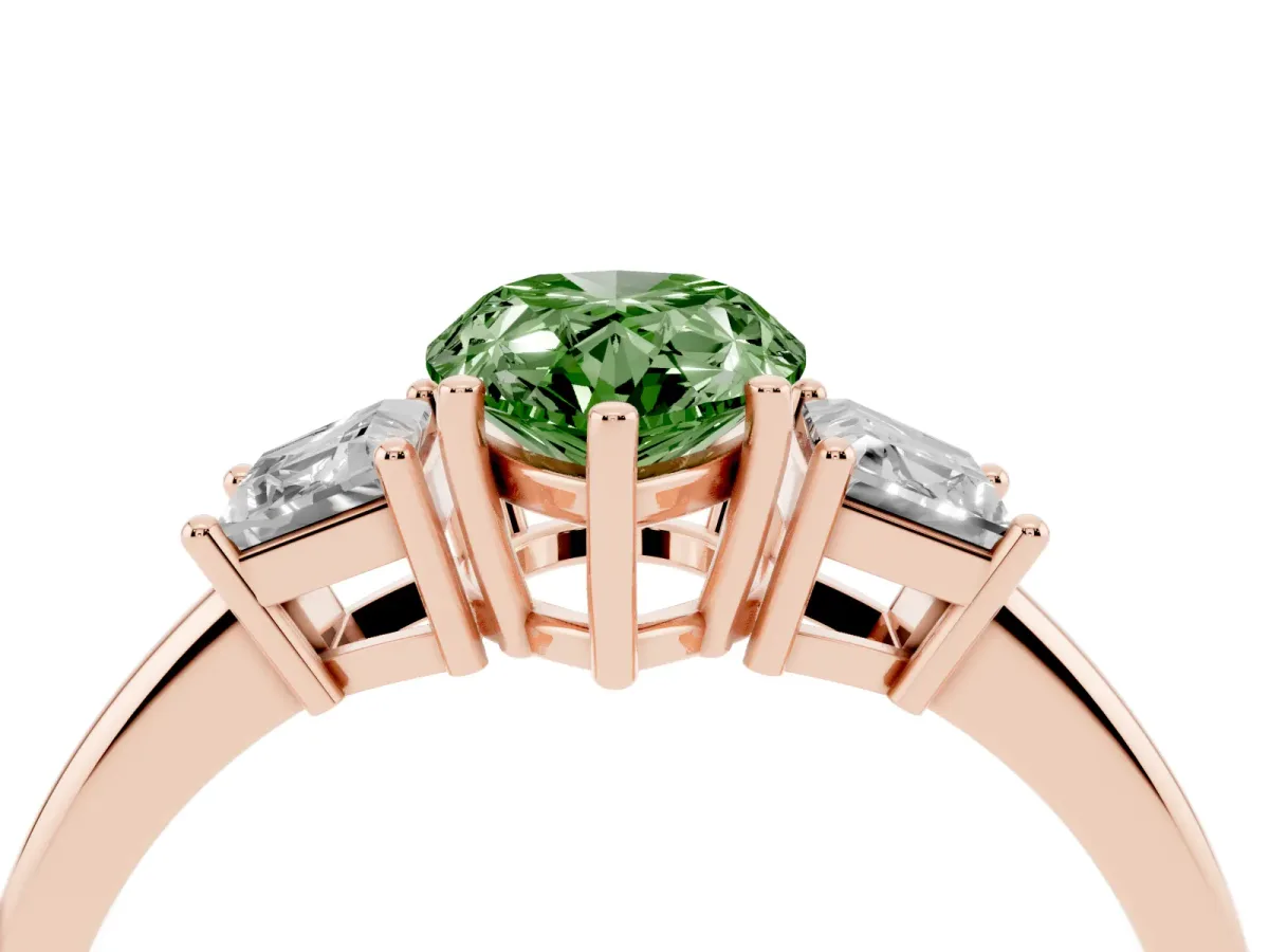Fancy Green Pear Cut Diamond Three-Stone Ring with Trapezoid Side Stones and Prong Setting Rose gold