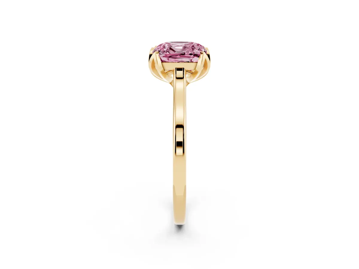 Fancy Pink Cushion Cut Diamond Solitaire Ring with Flower Prong Setting and Classic Band Yellow gold