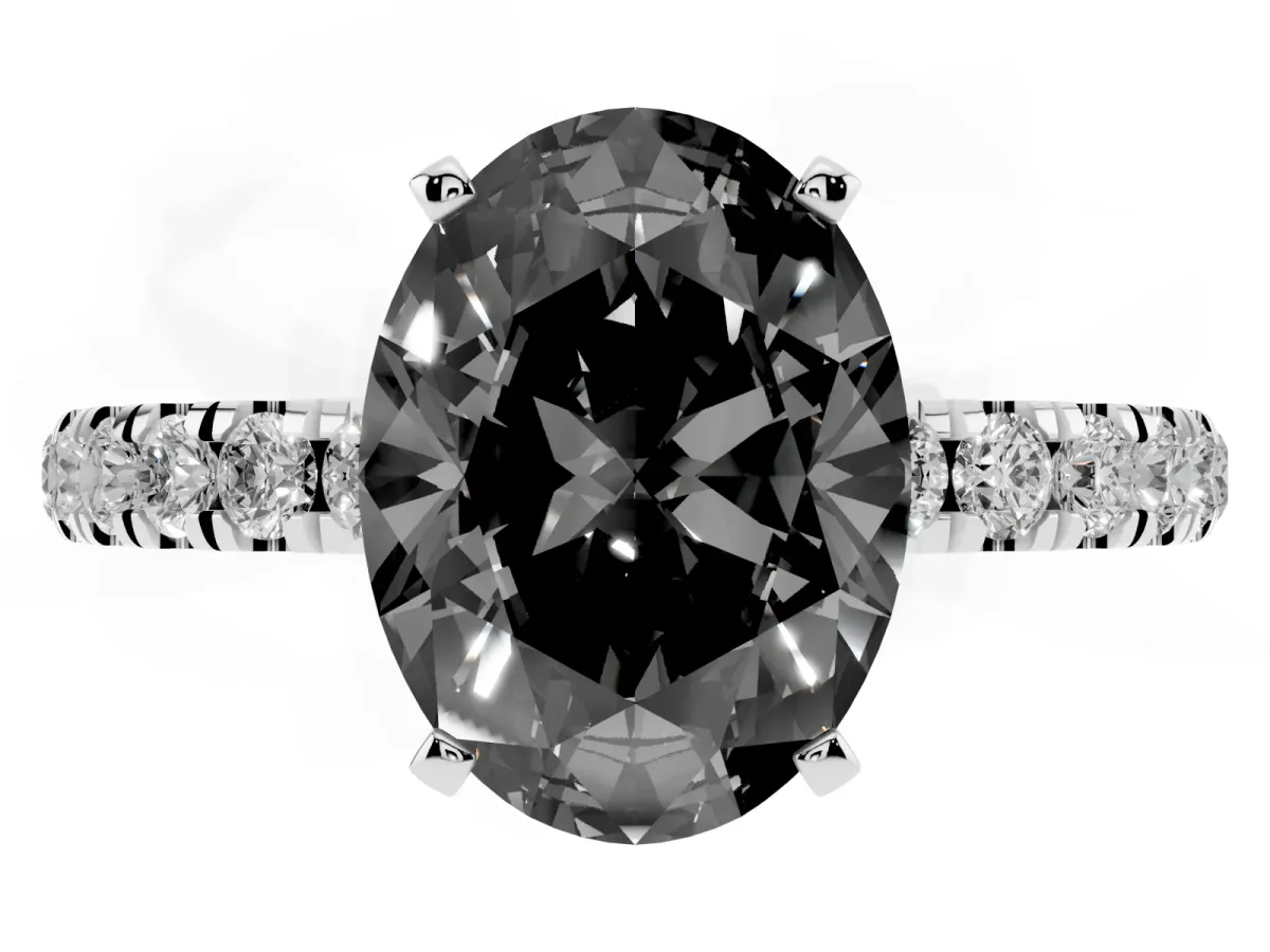 Fancy Black Oval Cut Diamond Solitaire Ring with Pavé Accents and Four-Prong Setting Silver
