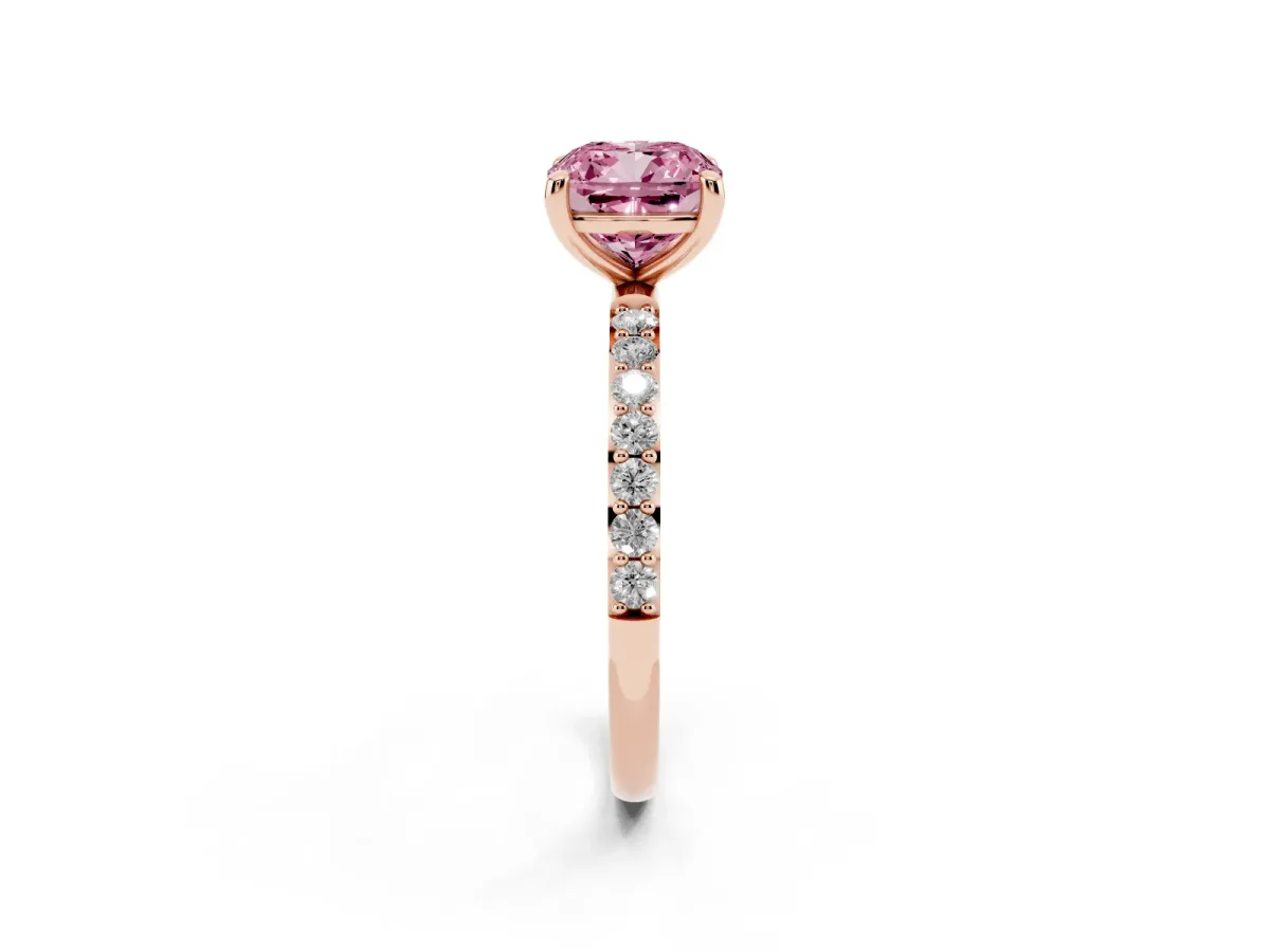 Fancy Pink Cushion Cut Diamond Solitaire Ring with Round Pavé Band and Prong Setting Rose gold