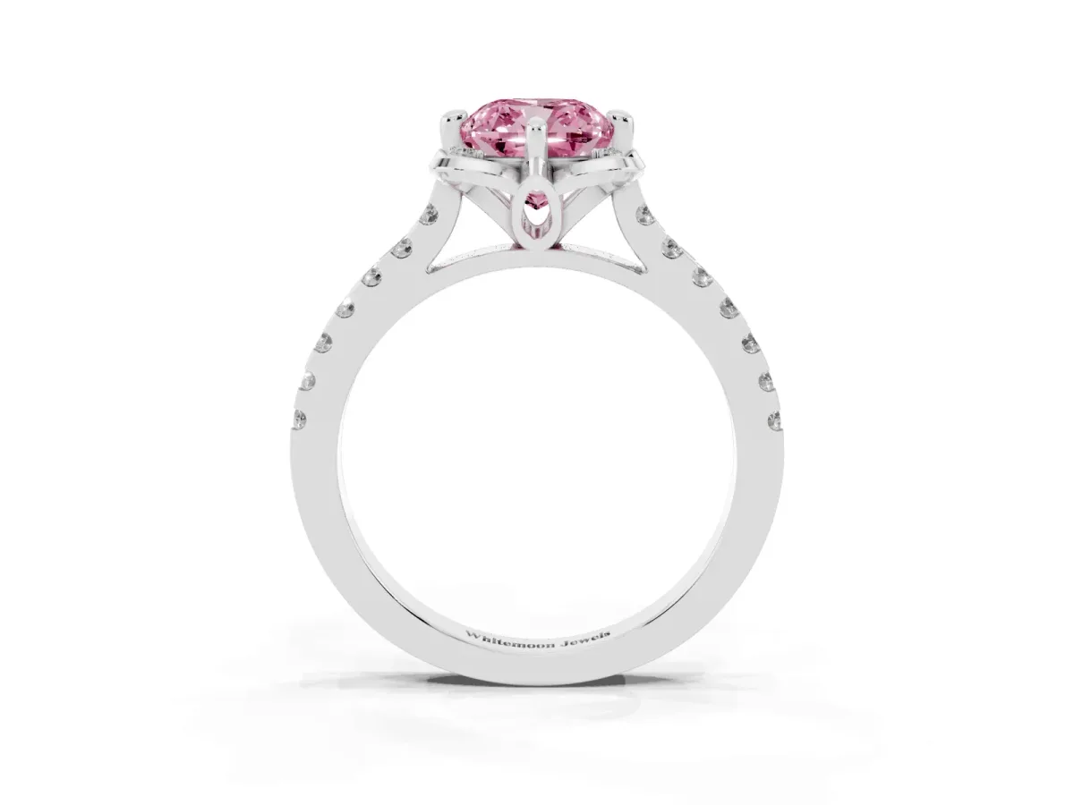 Fancy Pink Cushion Cut Diamond Ring with Pavé Band and Floral Prong Setting Platinum