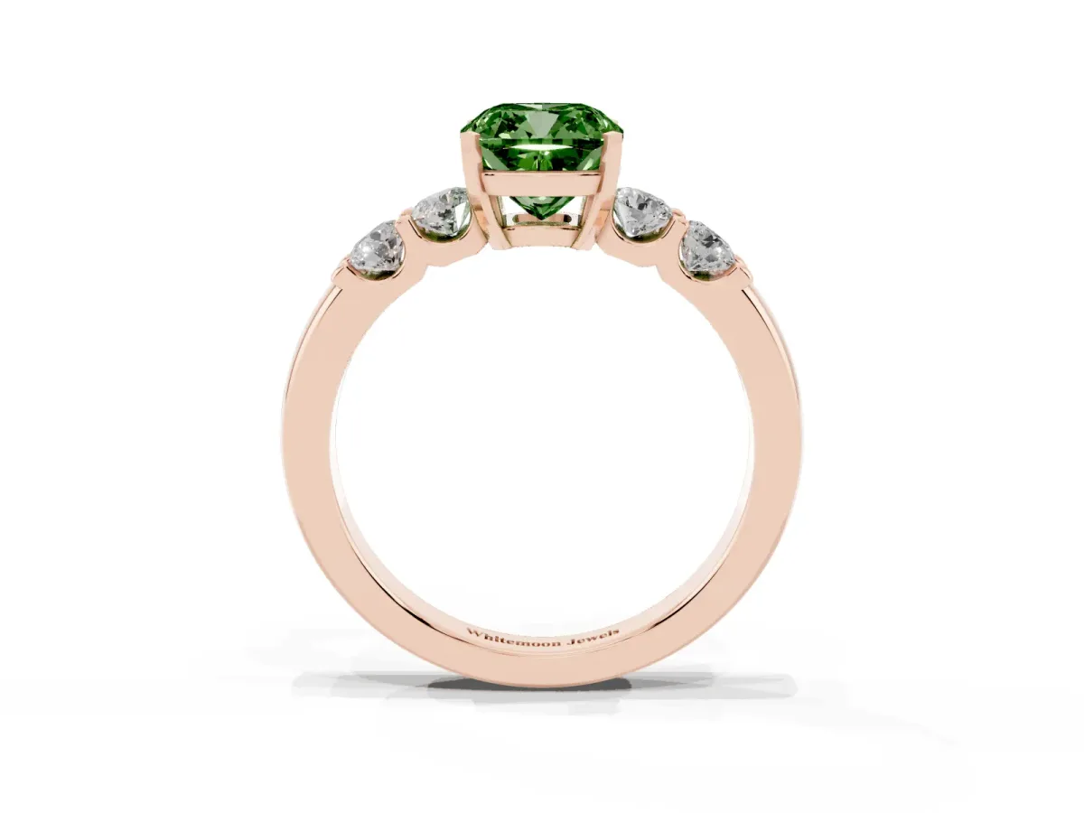 Fancy Green Cushion Cut Brilliant Cut Diamond Five-Stone Prong Set Engagement Ring with Channel Band Rose gold
