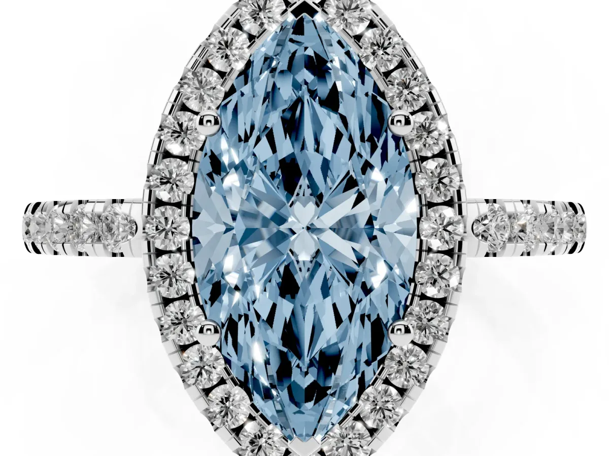Fancy Blue Marquise Cut Halo Diamond Engagement Ring with Pavé Band and Four-Prong Setting Platinum