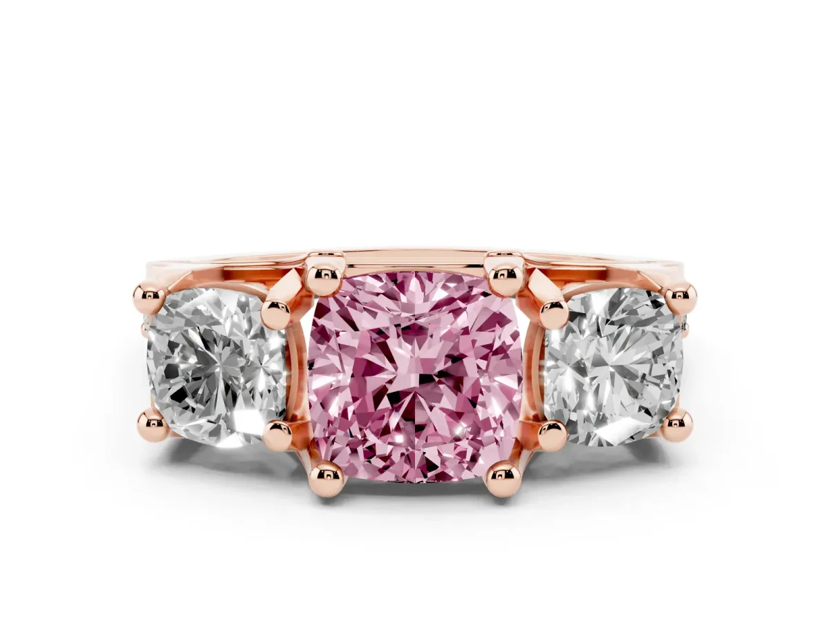 Fancy Pink Cushion Cut Diamond Three-Stone Ring with Channel Set Band and Four-Prong Setting Rose gold