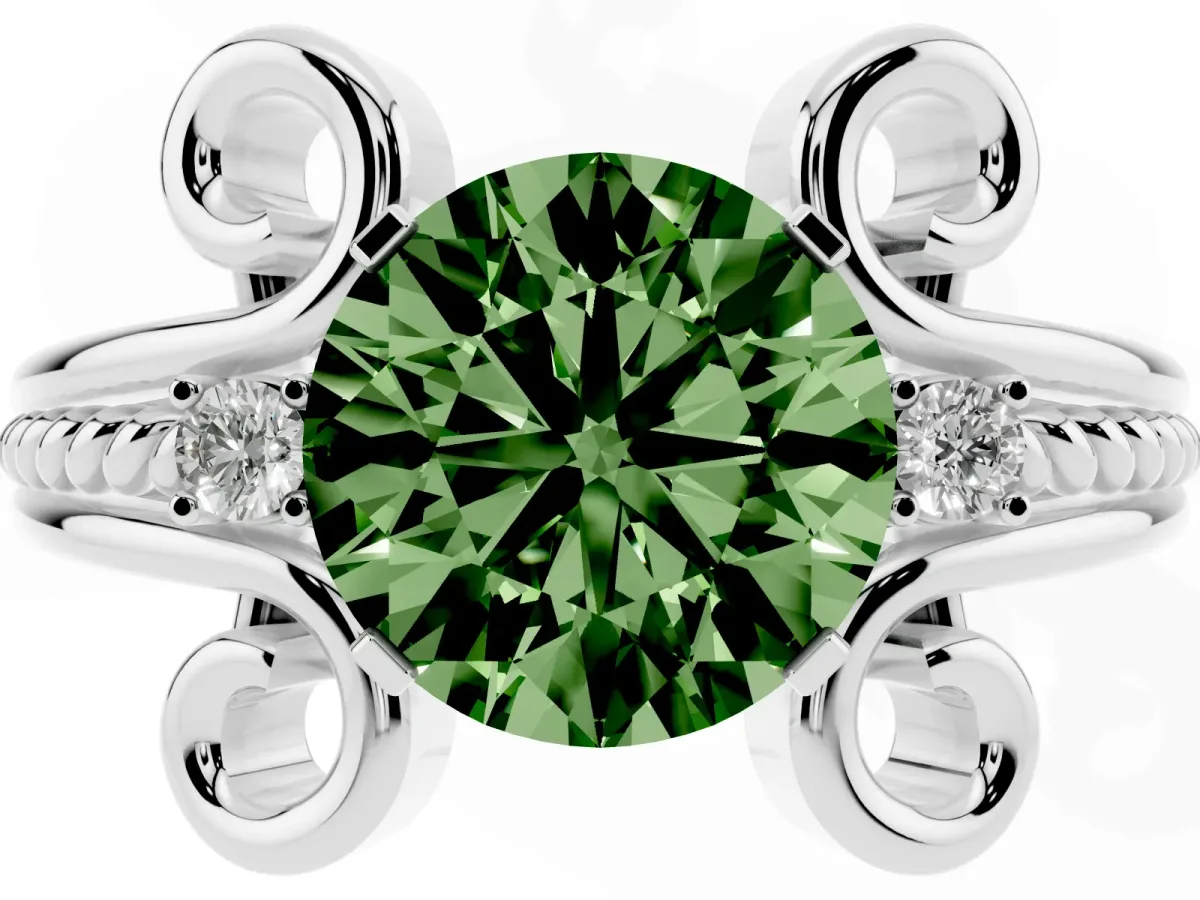 Fancy Green Round Cut Solitaire Twisted Band Scroll Prong Ring Silver