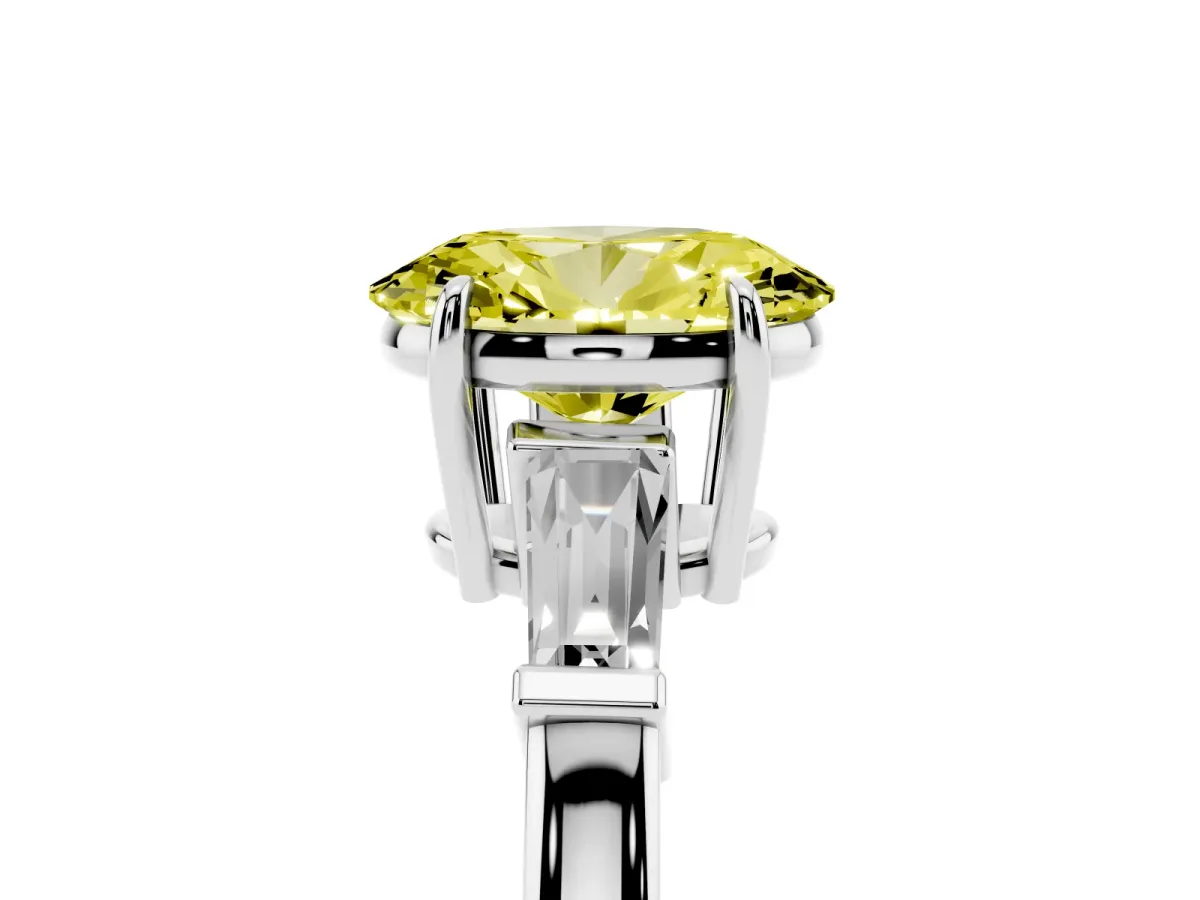Fancy Yellow Oval Cut Diamond Three-Stone Ring with Tapered Baguette Side Stones and Prong Setting Silver