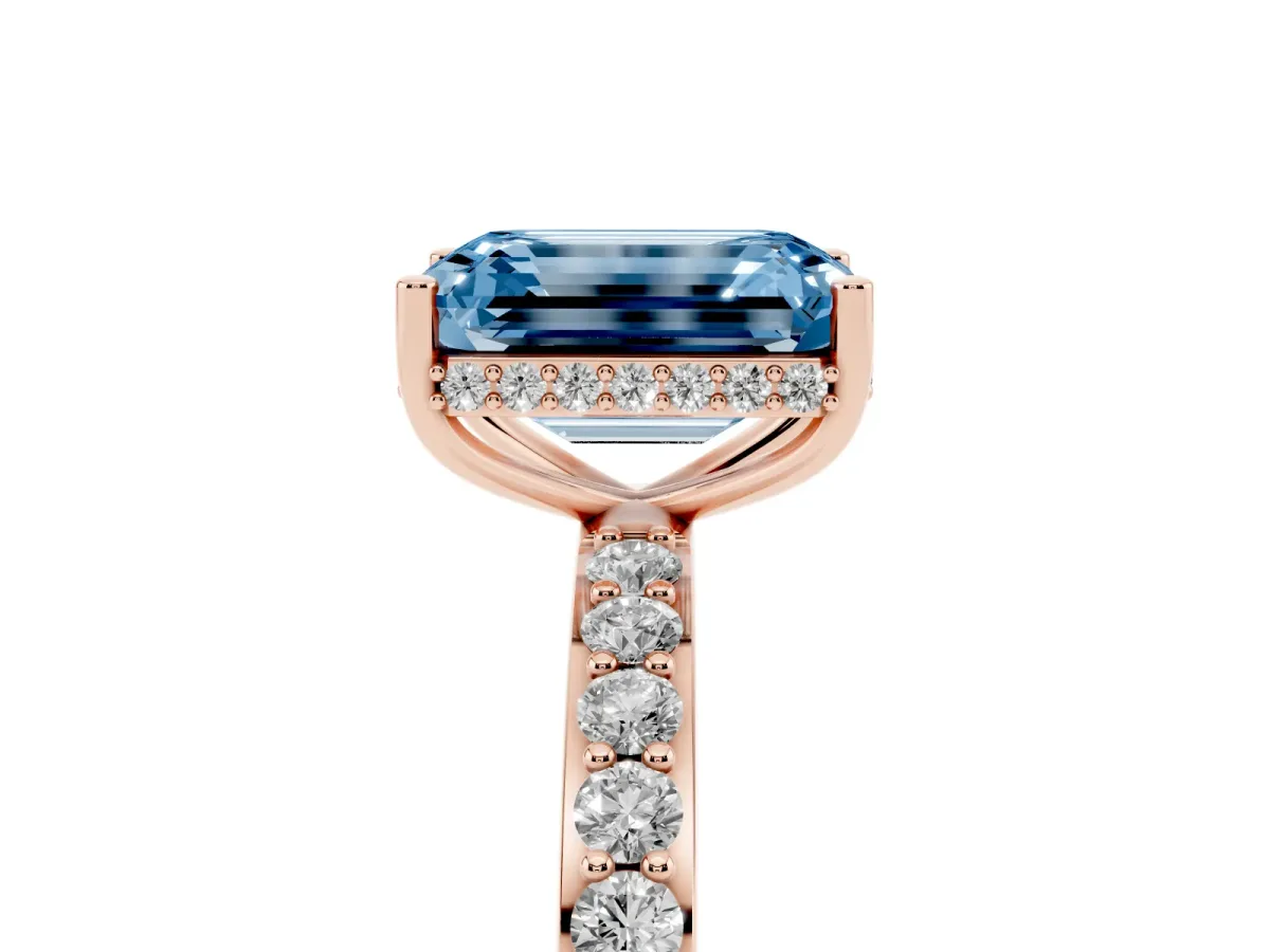 Fancy Blue Emerald Cut Diamond Solitaire Ring with Pavé Band and Hidden Halo Rose gold