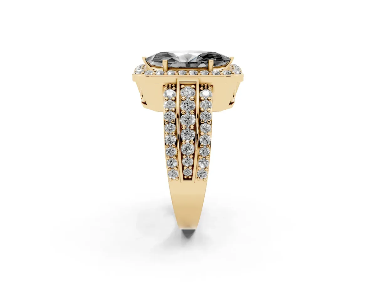 Fancy Black Marquise Cut Halo Diamond Ring with Round Split Shank and Prong Setting Yellow gold