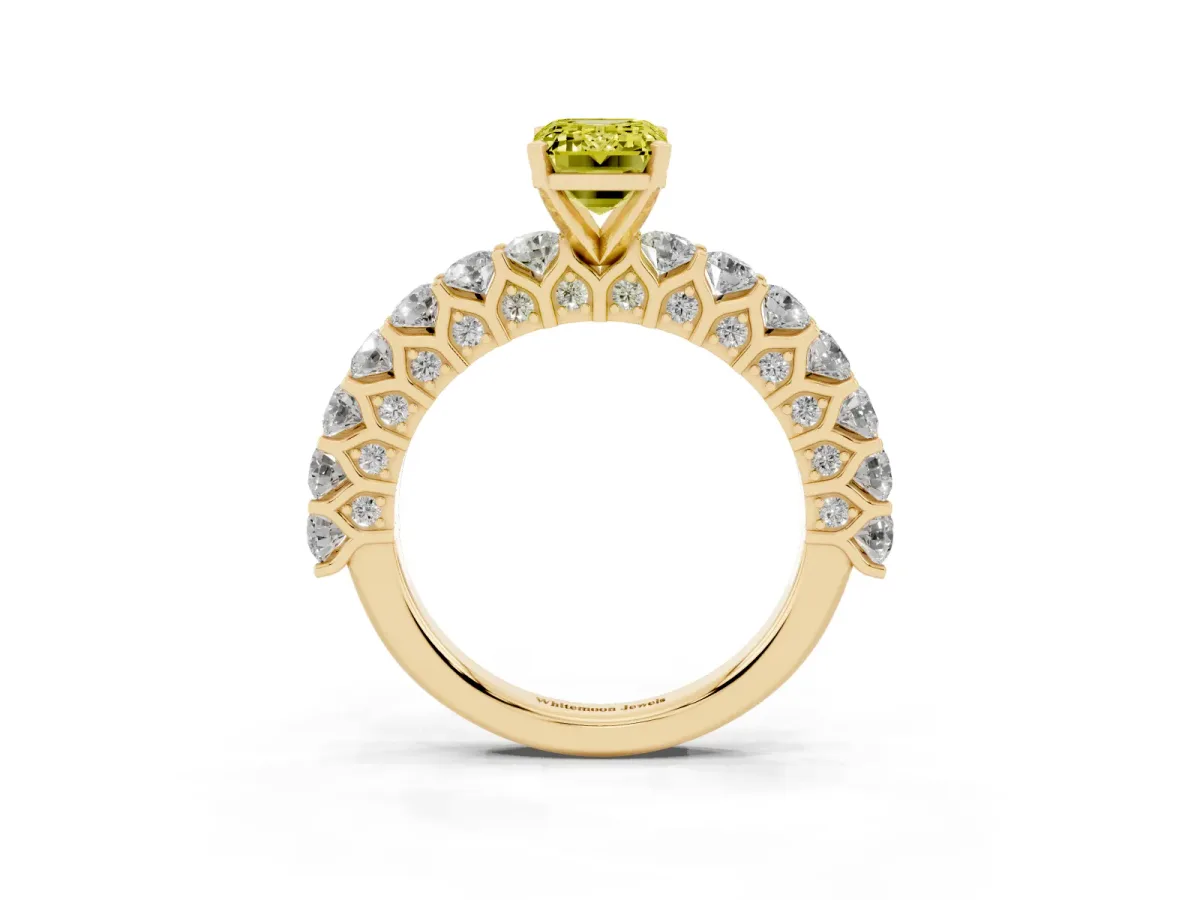 Fancy Yellow Emerald Cut Diamond Solitaire Ring with Shared Prong Pavé Band and Four-Prong Setting Yellow gold