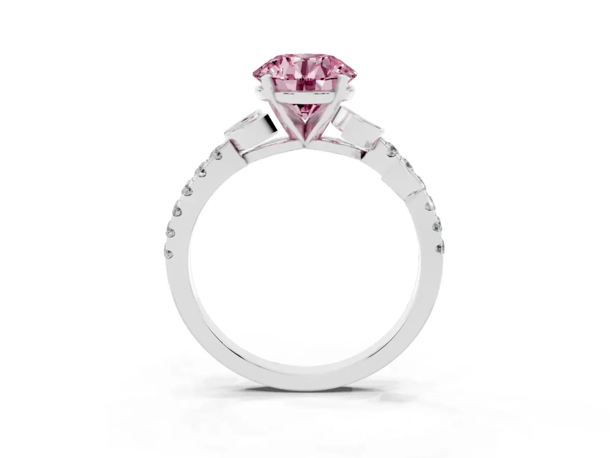 Fancy Pink Round Cut Solitaire Leaf-Inspired Diamond Ring with Pavé Band and Four-Prong Setting Silver