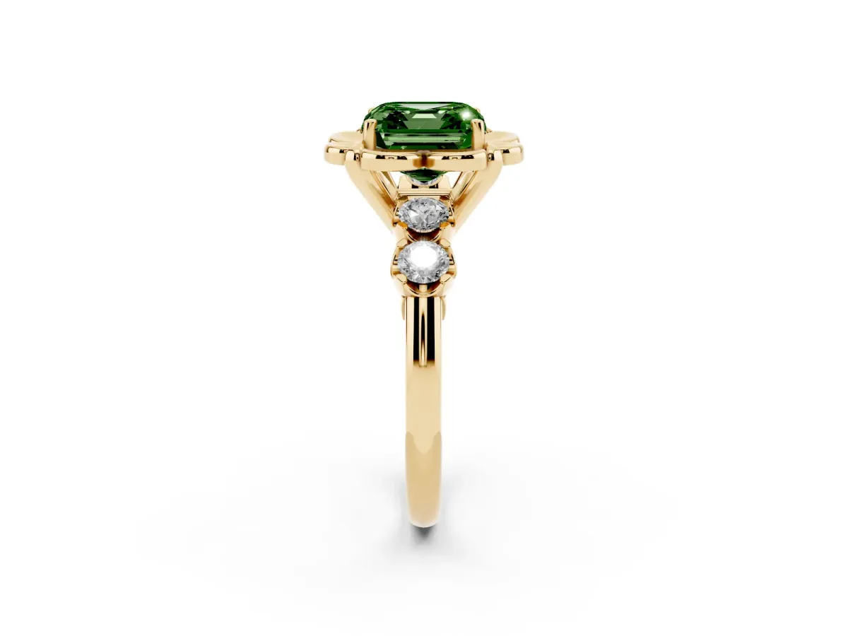 Fancy Green Asscher Cut Cut Diamond Floral Halo Engagement Ring with Shared Prong Setting Yellow gold