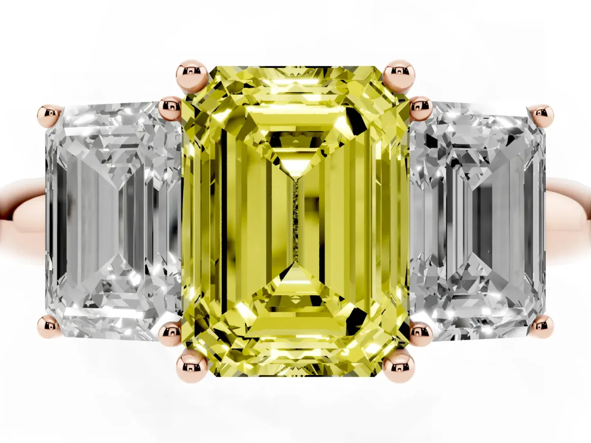 Fancy Yellow Three-Stone Emerald Cut Cut Diamond Engagement Ring with Prong Setting on a White Gold Band Rose gold