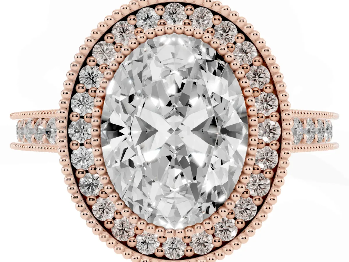Halo Oval Cut-Cut Diamond Pave Band Milgrain Prong Setting Ring Rose gold