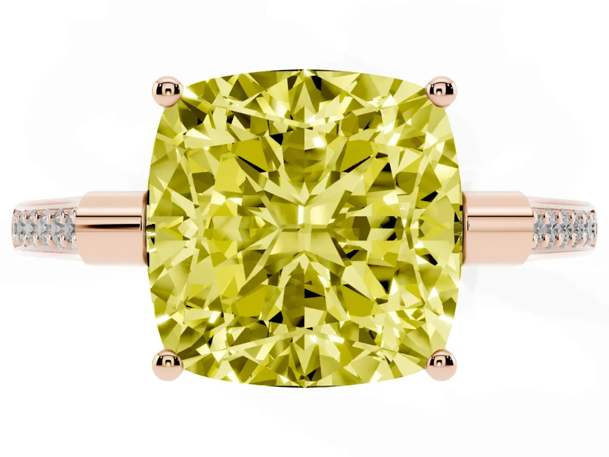 Fancy Yellow Cushion Cut Solitaire Diamond Ring with Channel Set Band and Bezel Prong Setting Rose gold