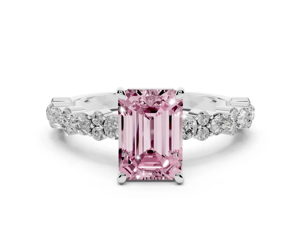 Fancy Pink Emerald Cut Diamond Side Stone Solitaire Ring with Round and Four-Prong Setting Platinum