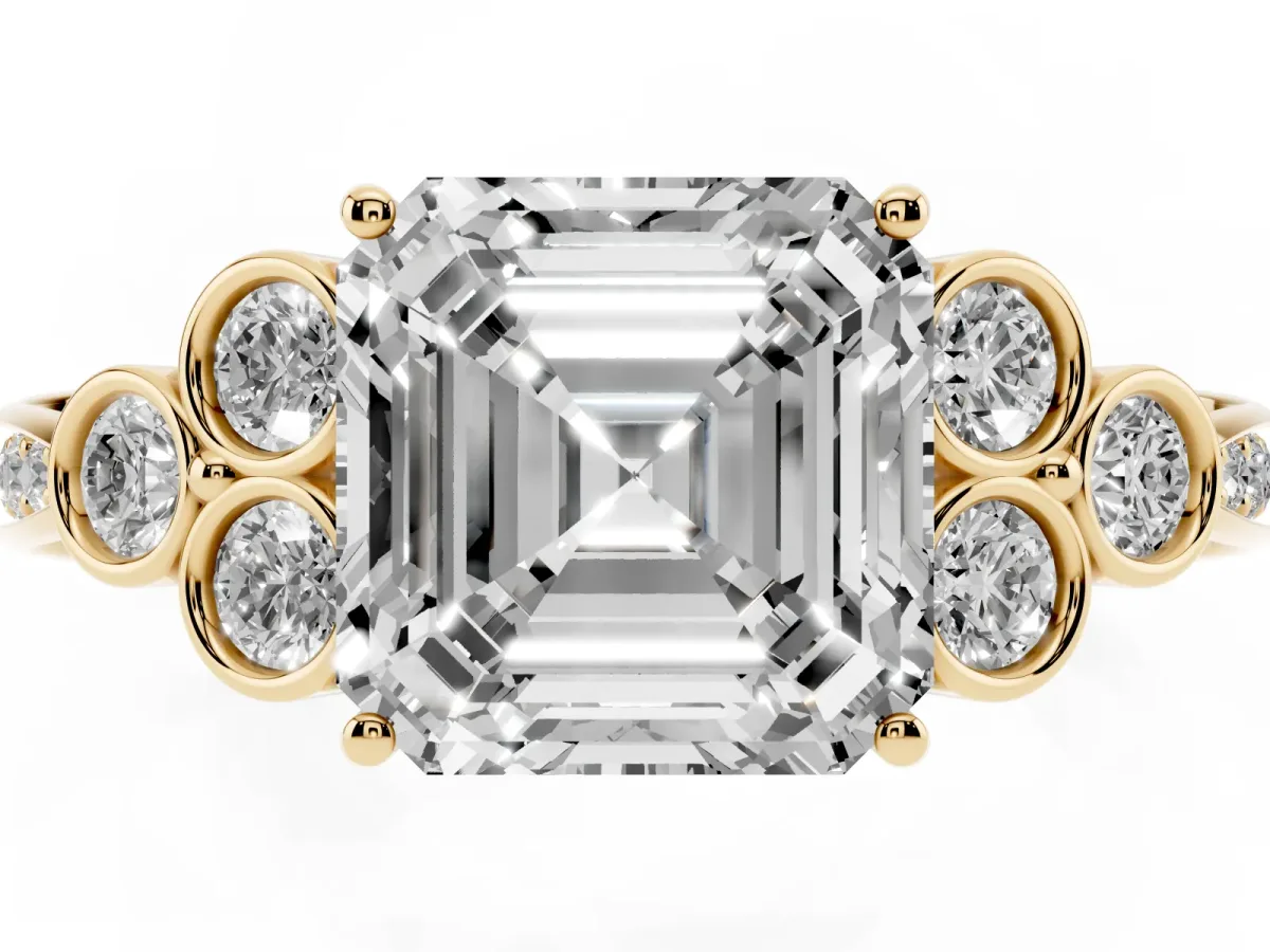 Asscher Cut Cut Diamond Engagement Ring with Bezel Set Round Side Stones and Prong Setting Yellow gold