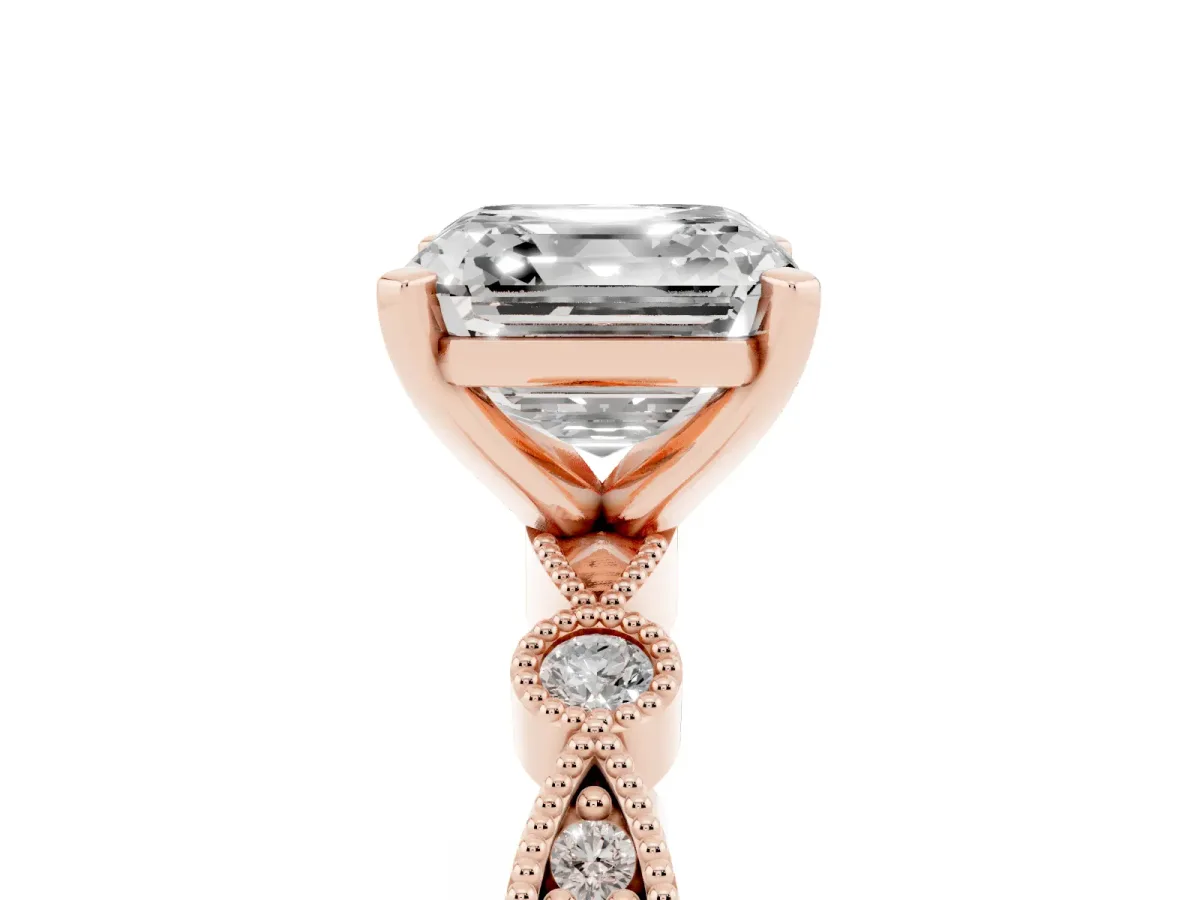 Asscher Cut Milgrain Bezel Diamond Engagement Ring with Solitaire Prong Setting Rose gold