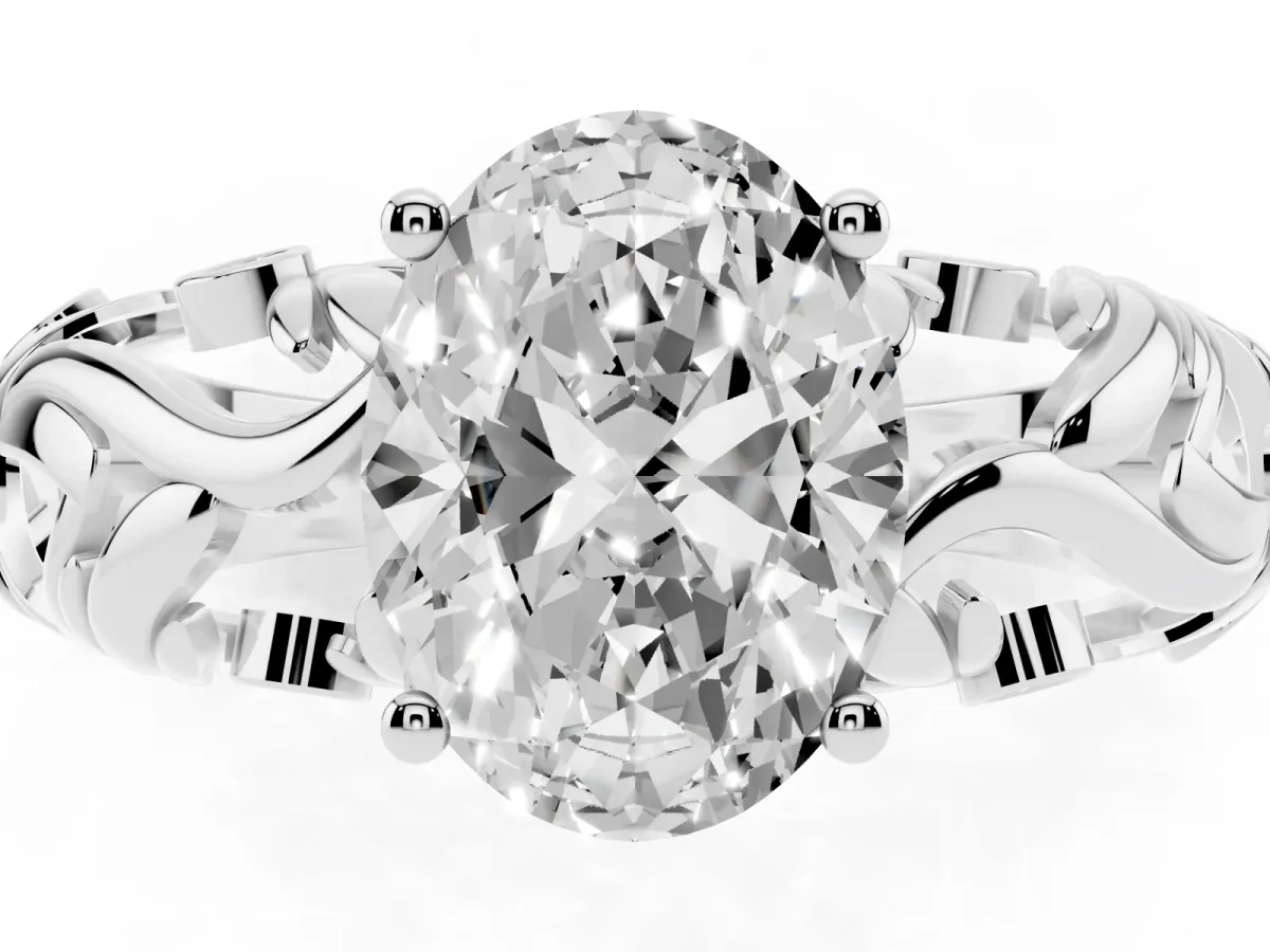 Oval Cut Solitaire Diamond Leaf-Inspired Vine Band Ring with Prong Setting Platinum