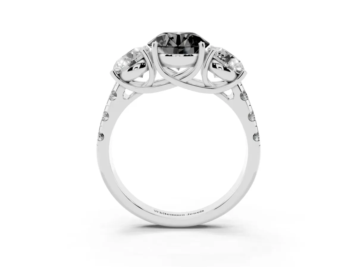 Fancy Black Three-Stone Round Cut Diamond Pavé Band with Prong Setting Silver