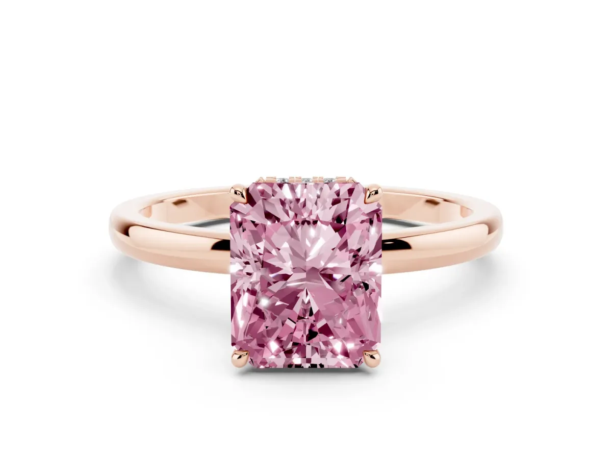 Fancy Pink Radiant Cut Solitaire Engagement Ring with Cathedral Band and Four-Prong Setting Rose gold