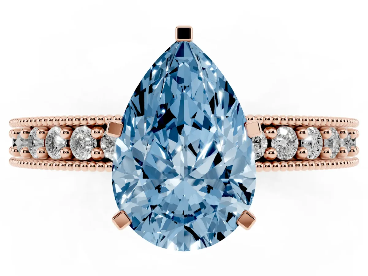Fancy Blue Pear Cut Diamond Milgrain Pavé Engagement Ring with Four-Prong Setting Rose gold