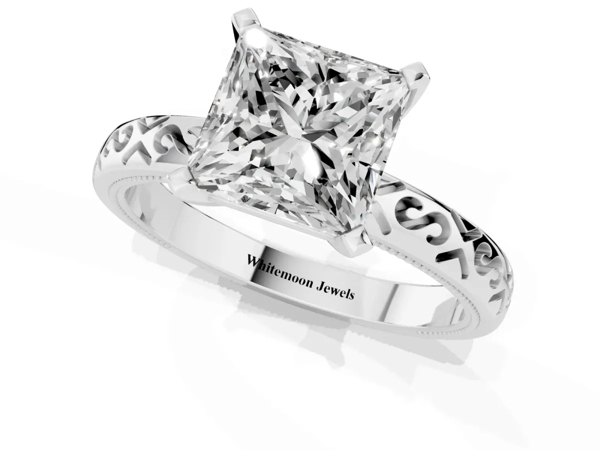Princess Cut Solitaire Engagement Ring with Scrollwork Band and Four-Prong Setting Silver