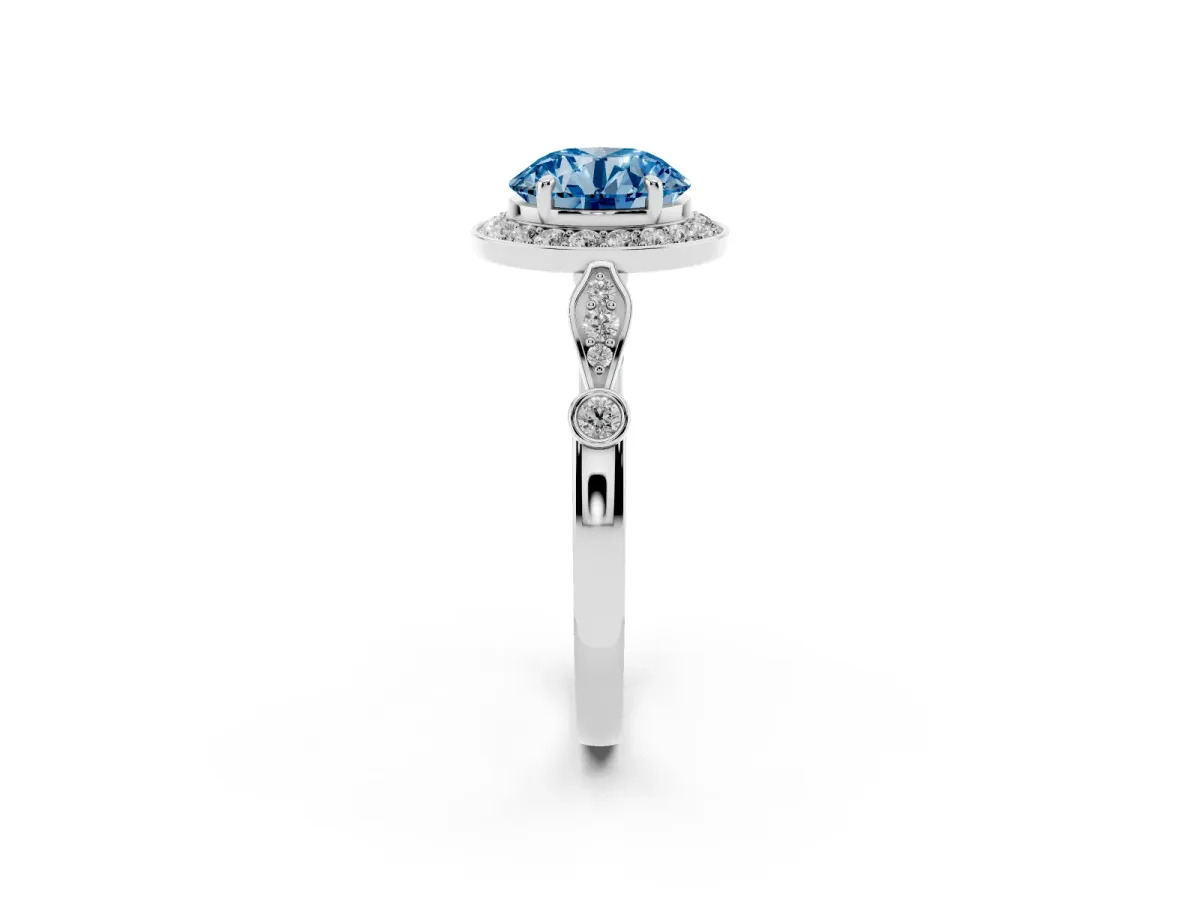 Fancy Blue Round Cut Halo Diamond Engagement Ring with Twisted Band and Four-Prong Setting Silver