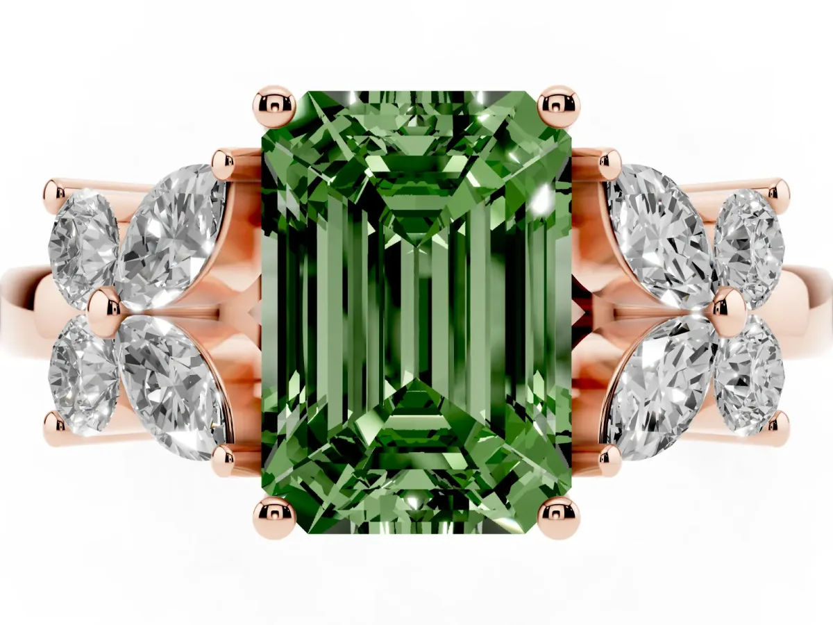 Fancy Green Emerald Cut Diamond Floral Cluster Ring with Solitaire Band and Prong Setting Rose gold
