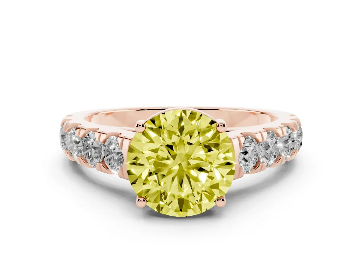 Fancy Yellow Round Cut Cut Diamond Solitaire Ring with Micro Pave Band and Prong Setting Rose gold