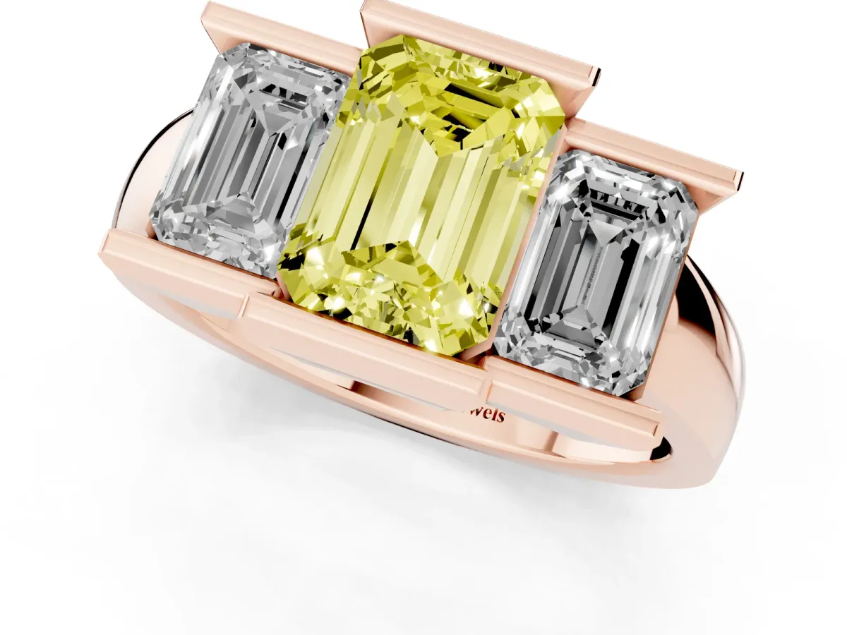 Fancy Yellow Three Stone Emerald Cut Cut Channel Set Diamond Ring Rose gold