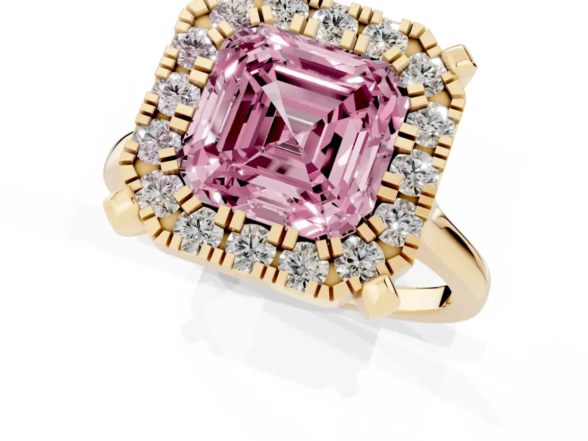 Fancy Pink Asscher Cut Diamond Cluster Halo Solitaire with Four-Prong Setting Yellow gold