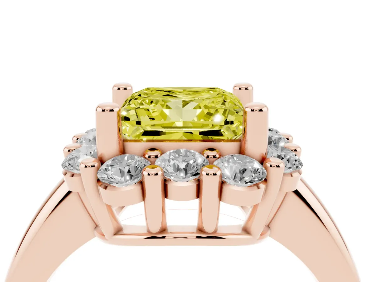 Fancy Yellow Princess Cut Halo Cluster Diamond Engagement Ring with Prong Setting and Polished Band Rose gold