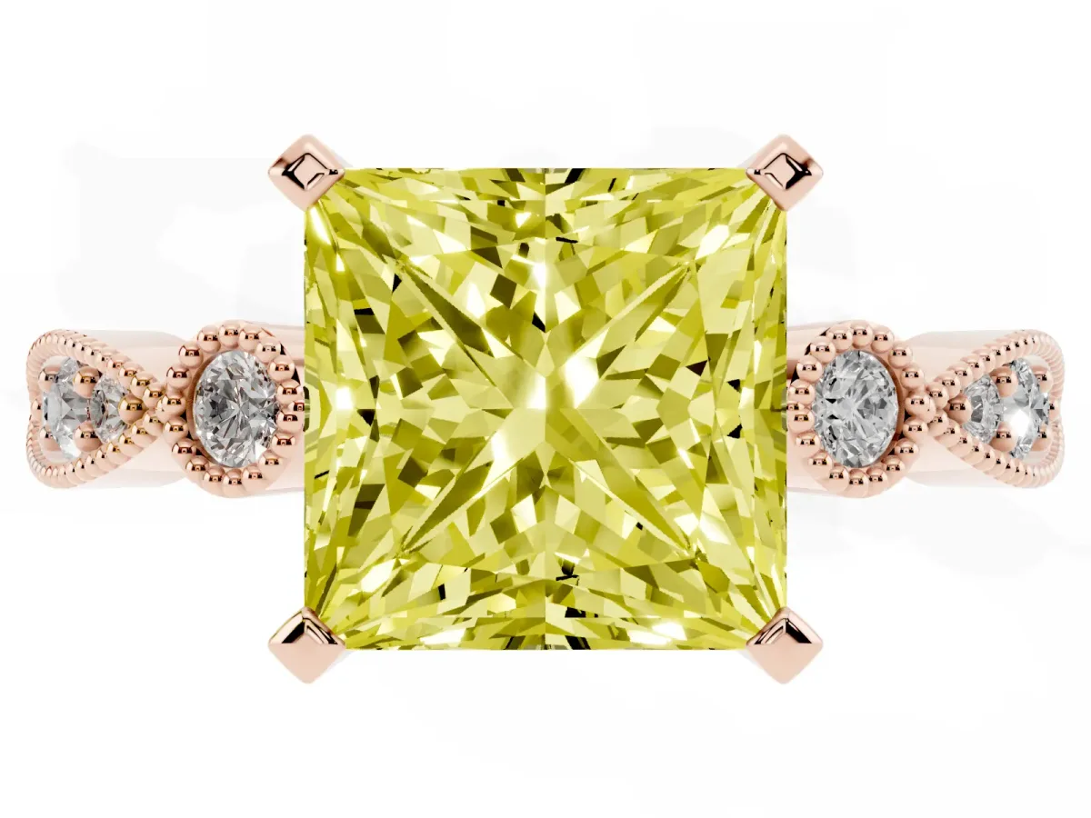 Fancy Yellow Princess Cut Milgrain Bezel Diamond Engagement Ring with Solitaire Prong Setting Rose gold