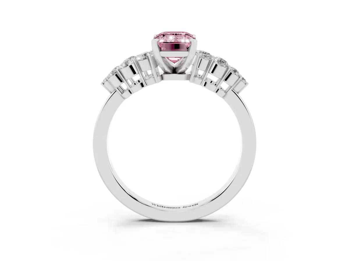 Fancy Pink Emerald Cut Cluster Diamond Engagement Ring with Pavé Band and Four-Prong Setting Silver