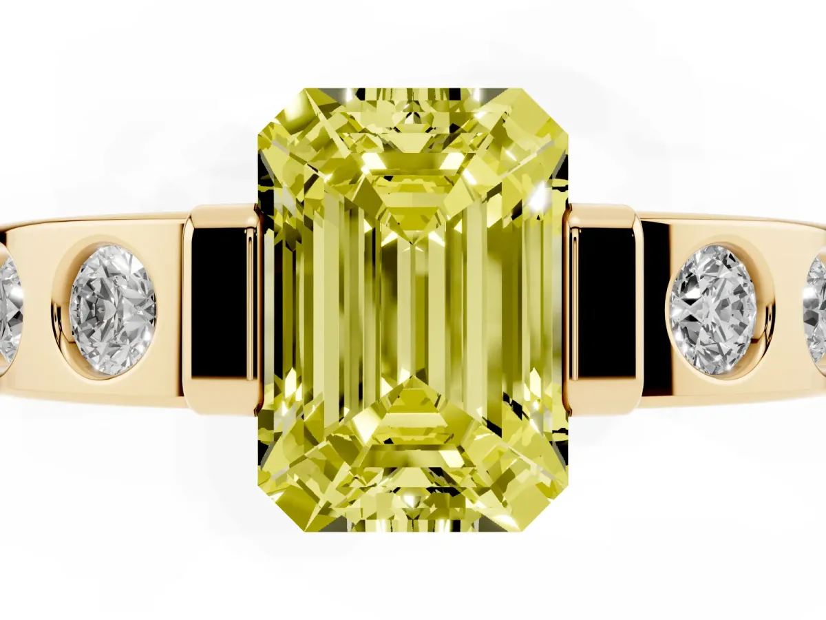 Fancy Yellow Emerald Cut Brilliant Channel-Set Diamond Ring with Bezel Prong Setting Yellow gold