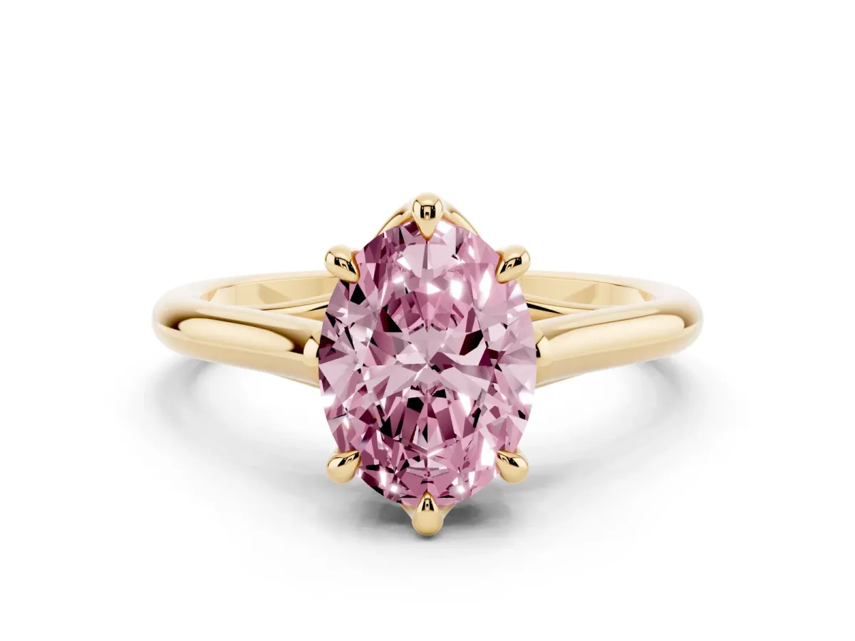 Fancy Pink Oval Cut Solitaire Engagement Ring with Six-Prong Setting and Classic Band Yellow gold