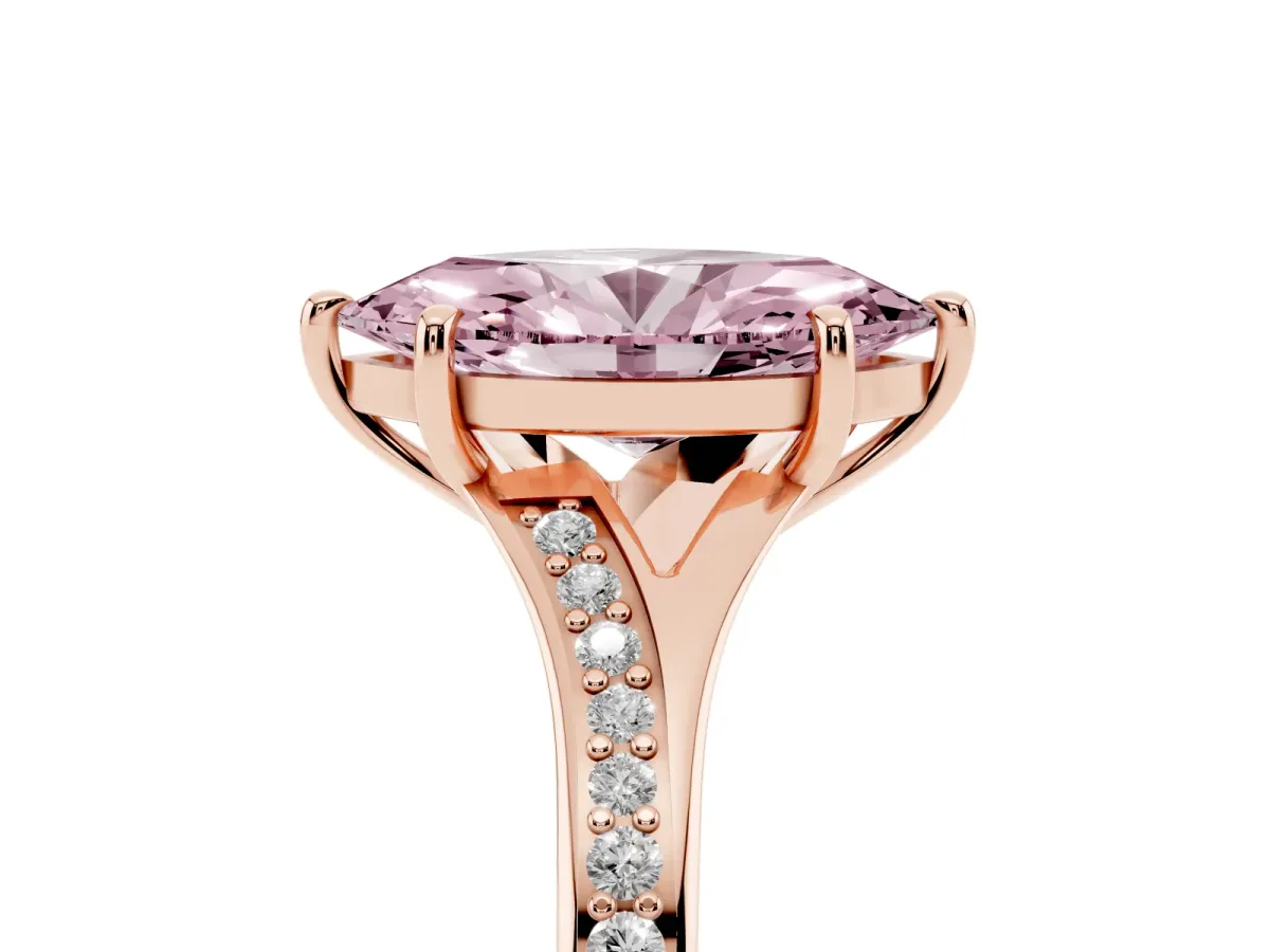 Fancy Pink Marquise Cut Diamond Solitaire Ring with Pavé Band and Prong Setting Rose gold