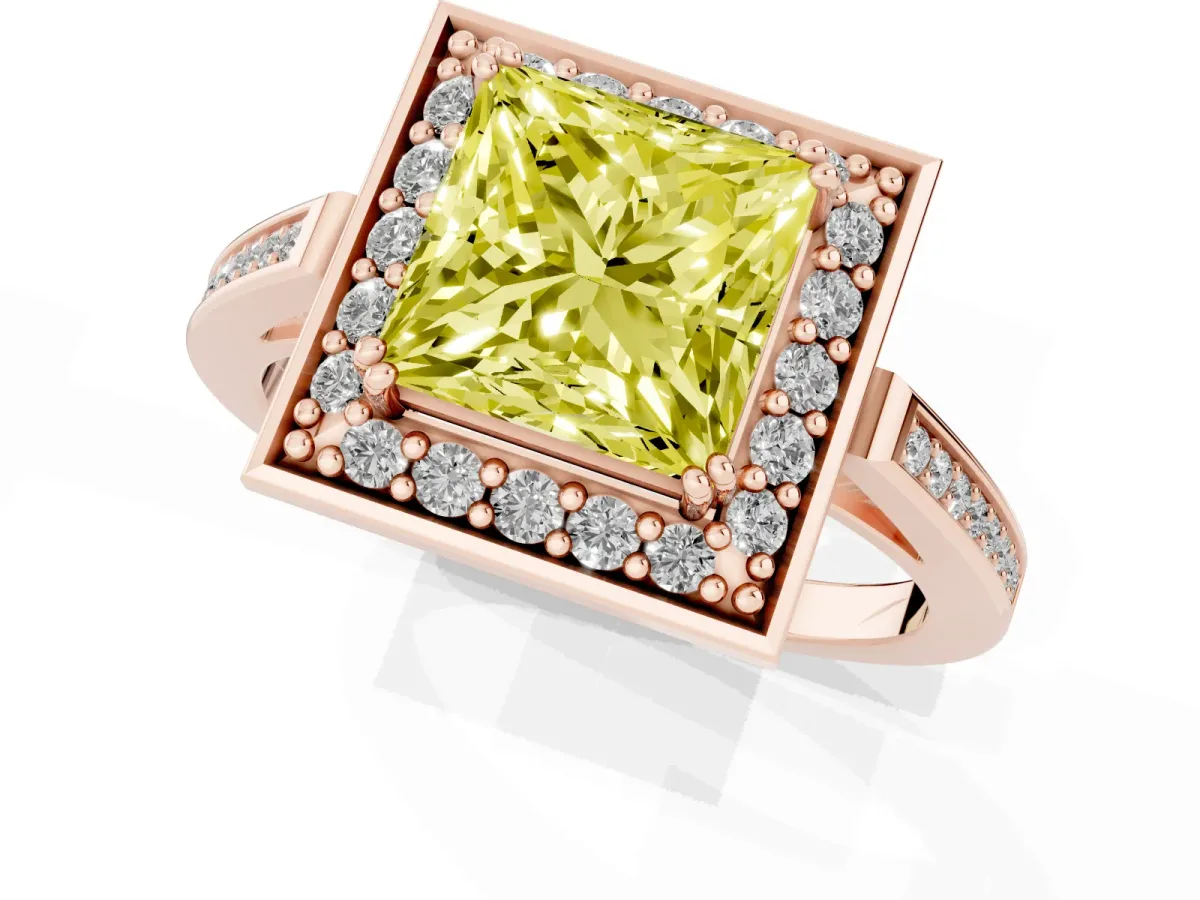 Fancy Yellow Princess Cut Diamond Halo Ring with Split Shank and Four-Prong Setting Rose gold