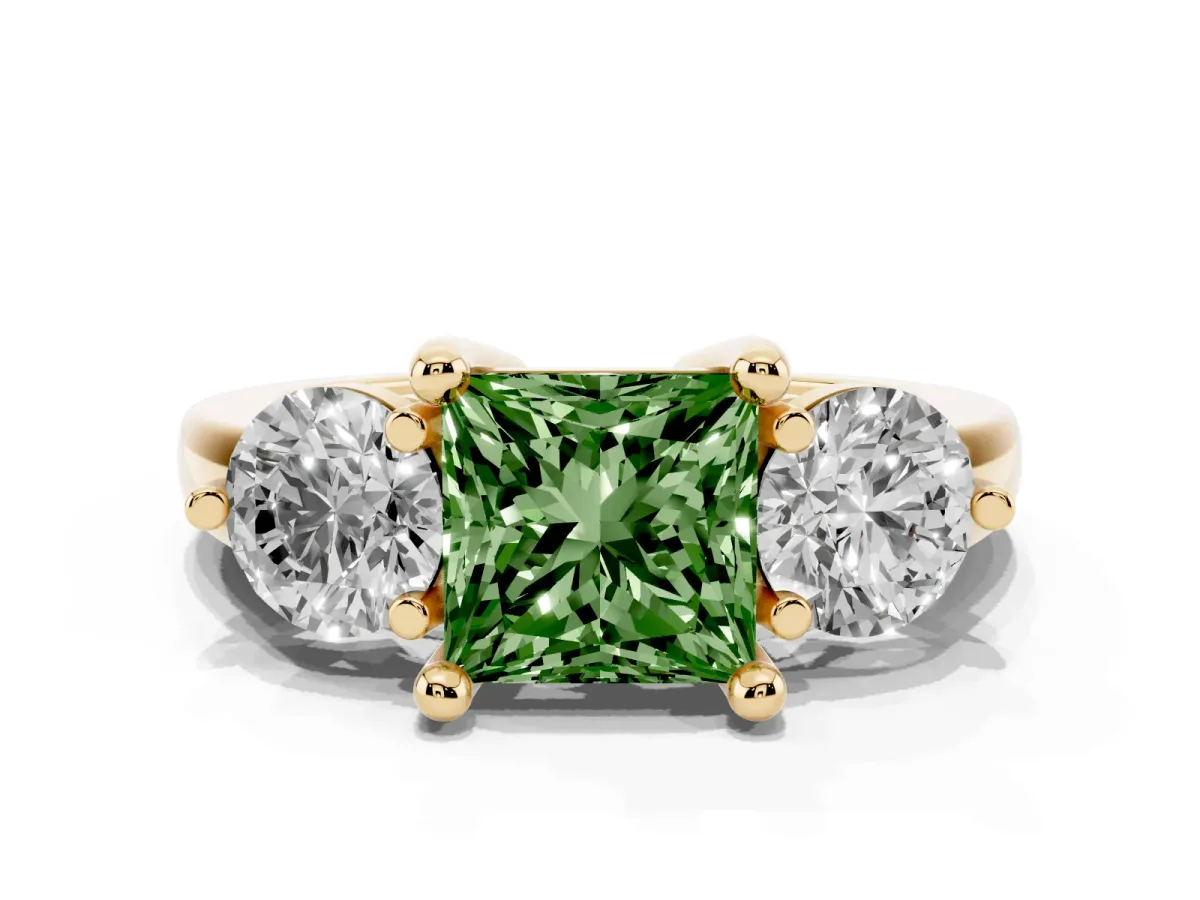 Fancy Green Three-Stone Princess Cut Brilliant Cut Solitaire Ring with Prong Setting on a Classic Band Yellow gold