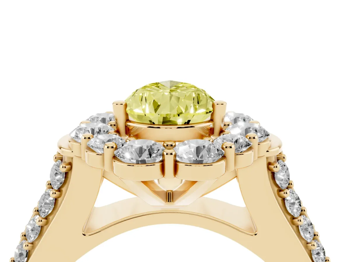 Fancy Yellow Pear Cut Halo Diamond Engagement Ring with Split Shank and Prong Setting Yellow gold