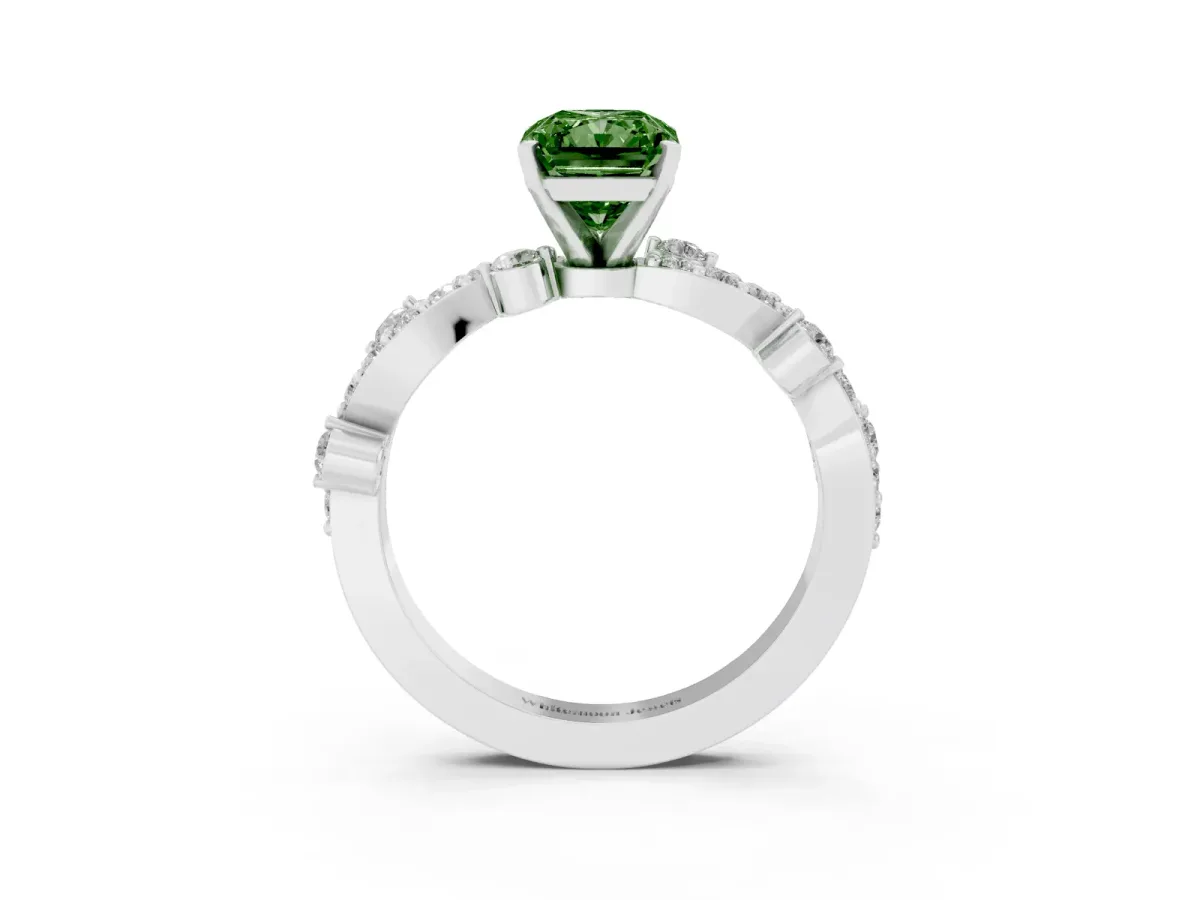 Fancy Green Radiant Cut Cut Solitaire Diamond Twisted Band with Pave Setting Platinum