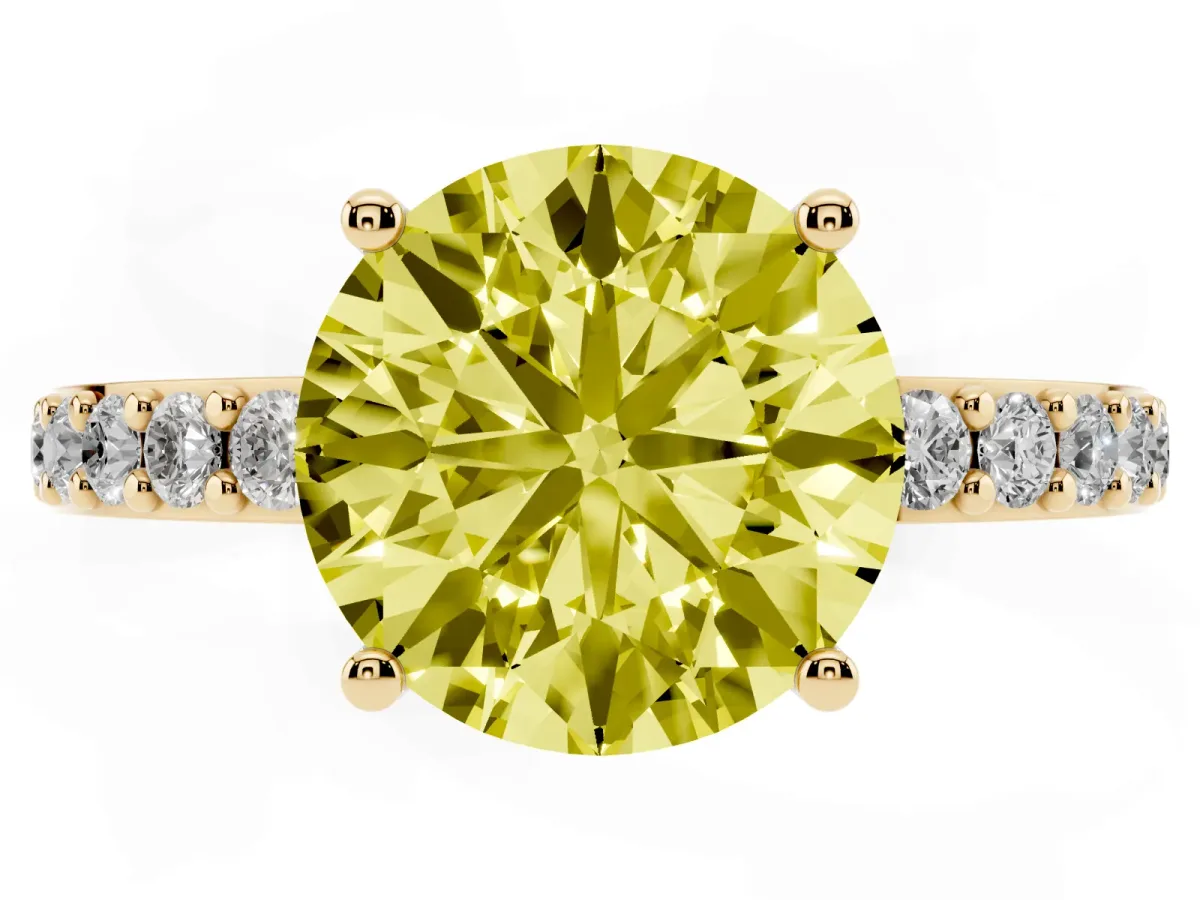 Fancy Yellow Round Cut Cut Diamond Solitaire with Pave Band and Four-Prong Setting Yellow gold