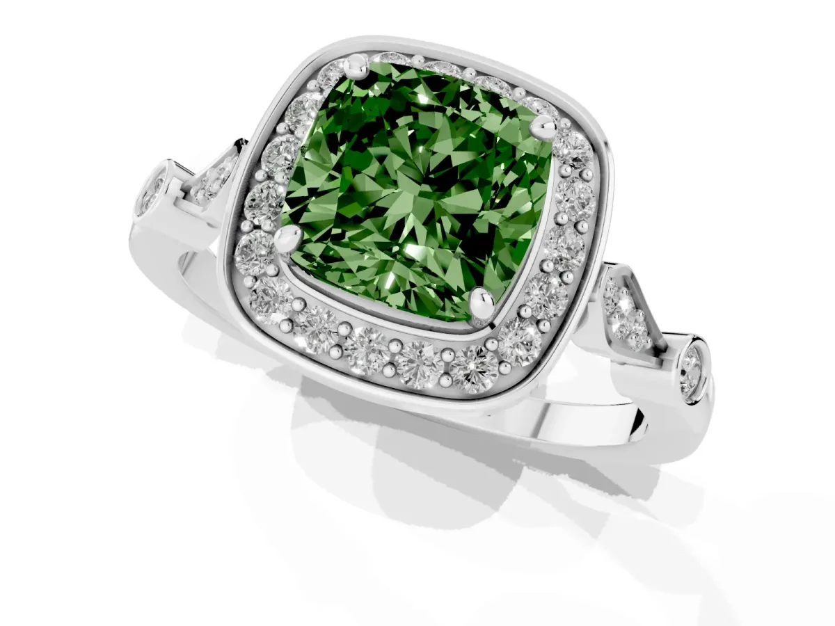 Fancy Green Cushion Cut Halo Diamond Engagement Ring with Twisted Band and Four-Prong Setting White gold