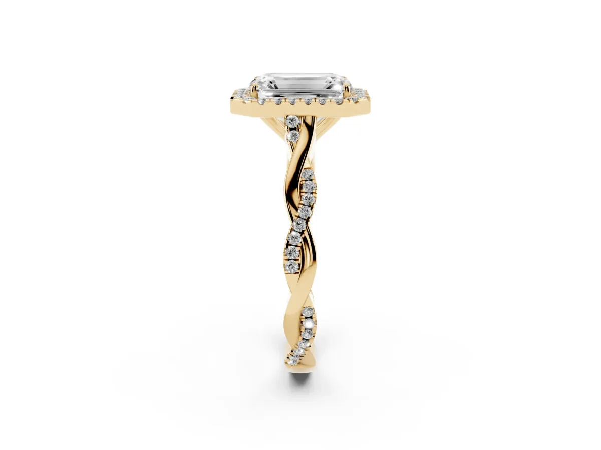 Emerald Cut Halo Twist Band Solitaire Ring Yellow gold