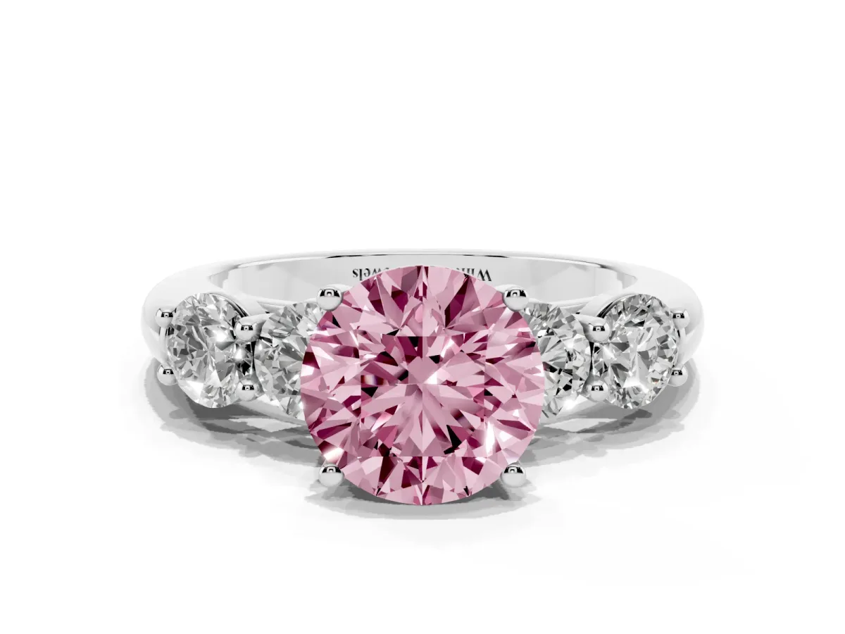 Fancy Pink Round Cut Cut Five-Stone Prong Set Diamond Ring with Classic Band Silver
