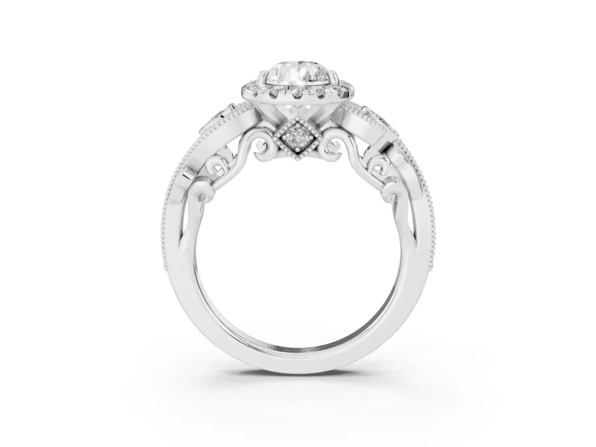Pear Cut Halo Diamond Ring with Milgrain and Bezel Accents on a Split Shank Band Platinum