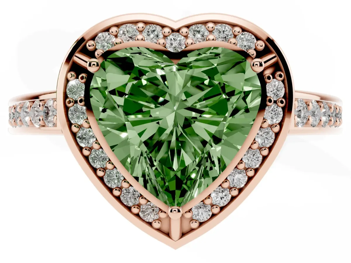 Fancy Green Heart Cut Cut Halo Pave Split Shank Prong Setting Ring Rose gold