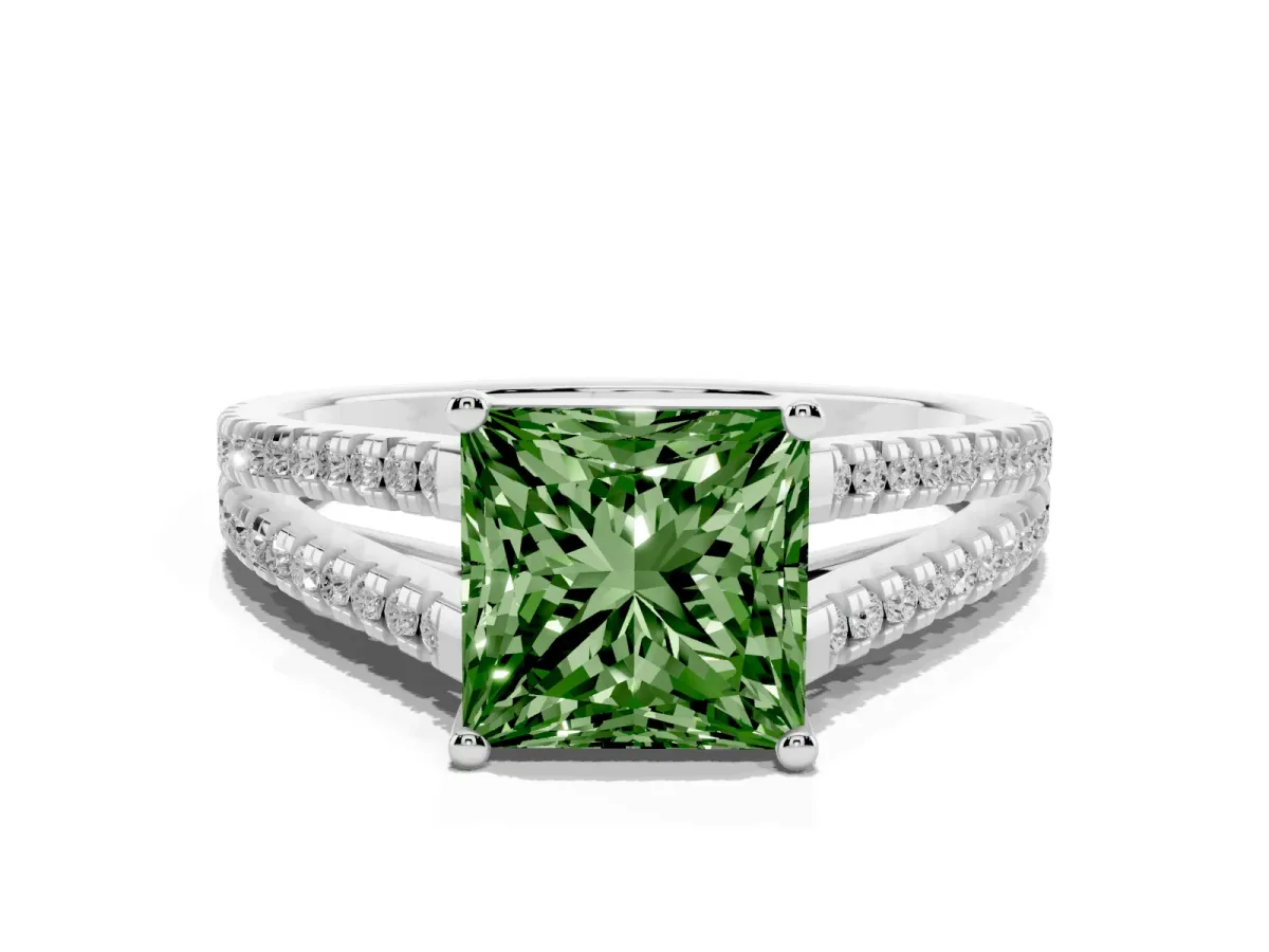 Fancy Green Princess Cut Diamond Solitaire Engagement Ring with Split Shank Pavé Band Silver