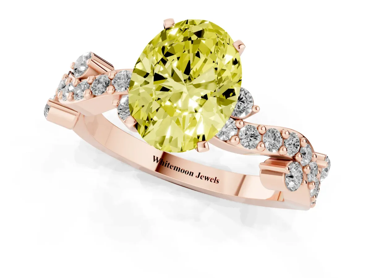 Fancy Yellow Oval Cut Cut Solitaire Diamond Twisted Band with Pave Setting Rose gold