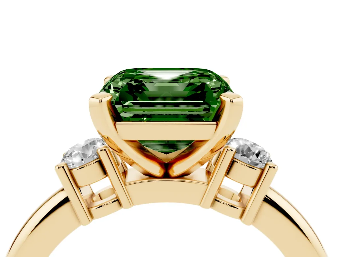 Fancy Green Three-Stone Princess Cut Cut Diamond Solitaire with Prong Setting and Classic Band Yellow gold